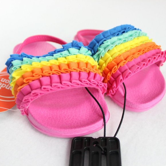 Wonder Nation Ruffle Slide Sandals Baby Girl Size 5,6 Rainbow Pink Ankle Straps - Picture 3 of 5
